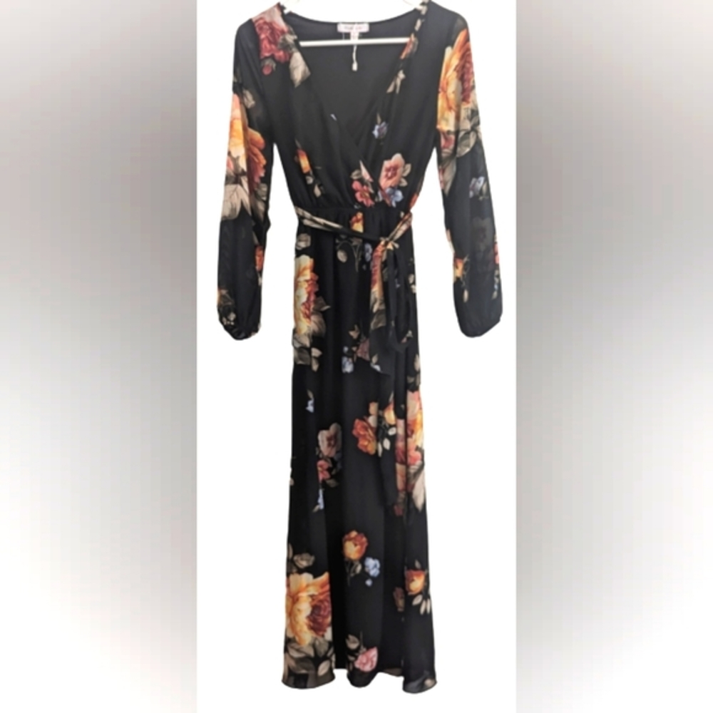 NWOT Club Soda navy floral blue pink grey orange design wrap v neck sheer lined